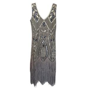 Metme Silver Gray Sequin Fringe Flapper Dress Gatsby Art Deco Cocktail Size M